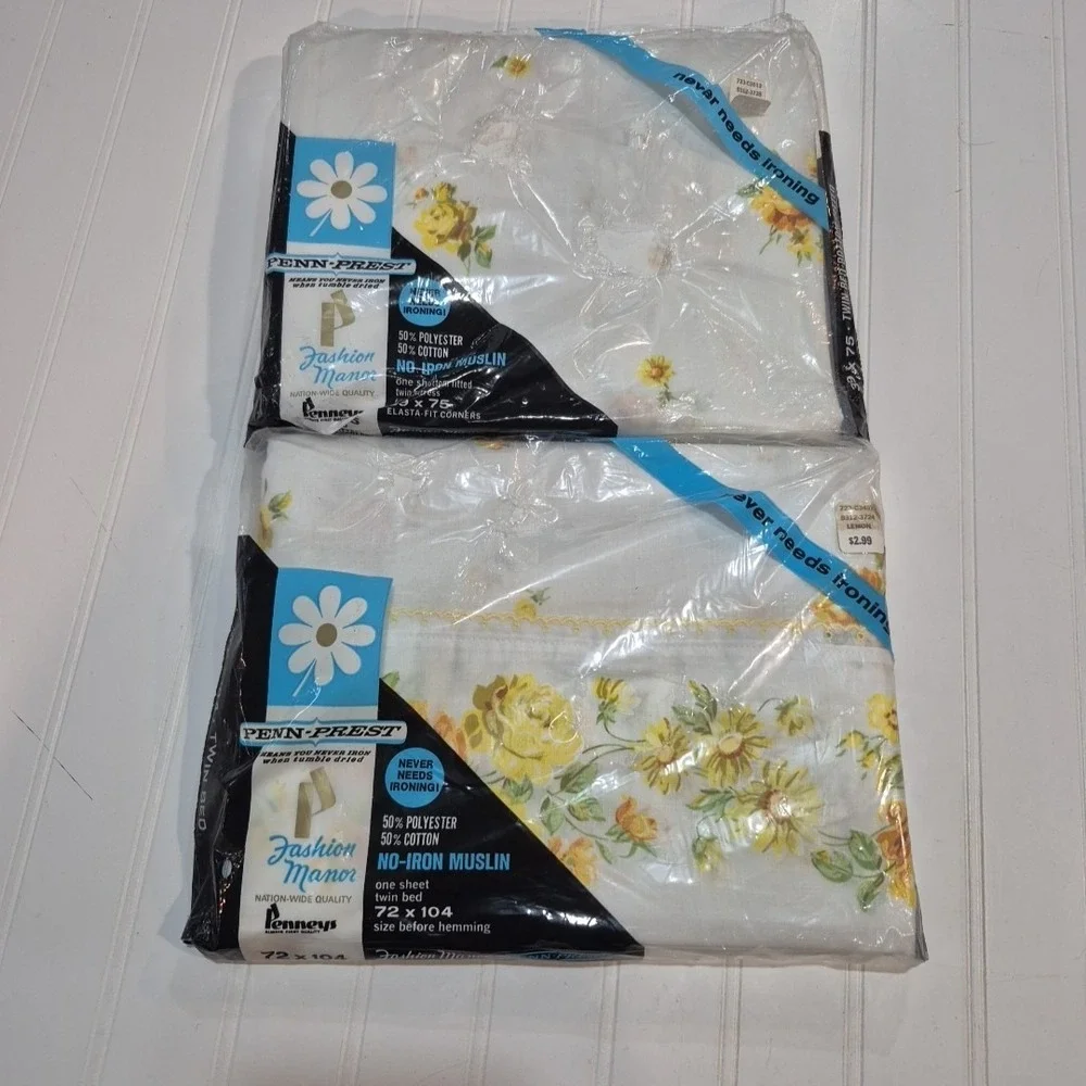 Vintage JcPenny's Twin Fitted & Flat Lemon Pattern Sheets. NOS Penn-Prest